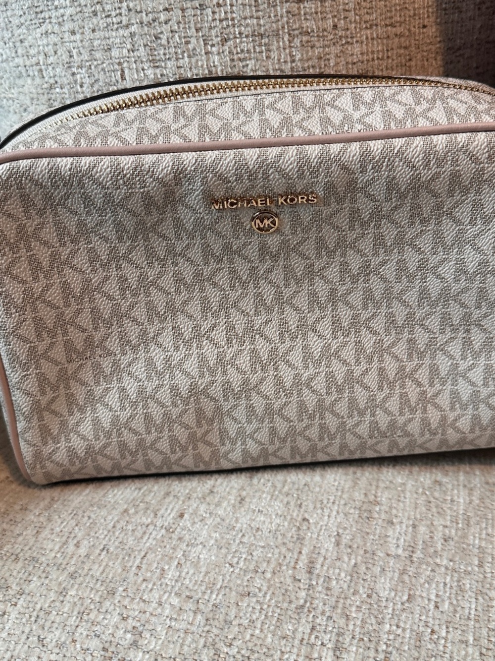 Michael Kors Vanilla Signature Logo Large Cosmetic Bag Makeup Travel Case